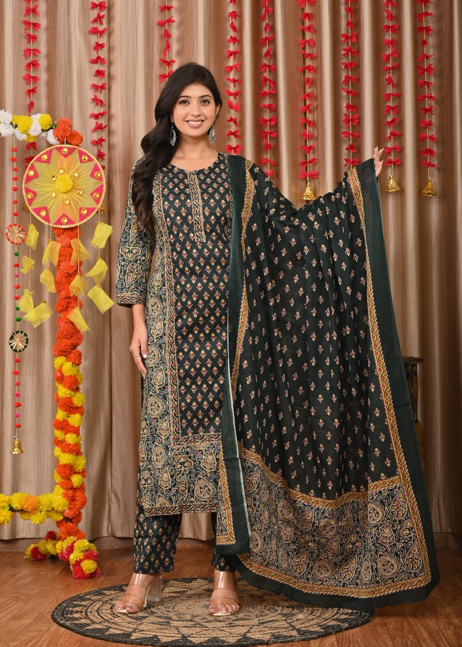 IndoLady Elegant Bottle Green Printed Cotton Suit Set with Handwork & Dupatta
