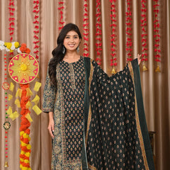 IndoLady Elegant Bottle Green Printed Cotton Suit Set with Handwork & Dupatta