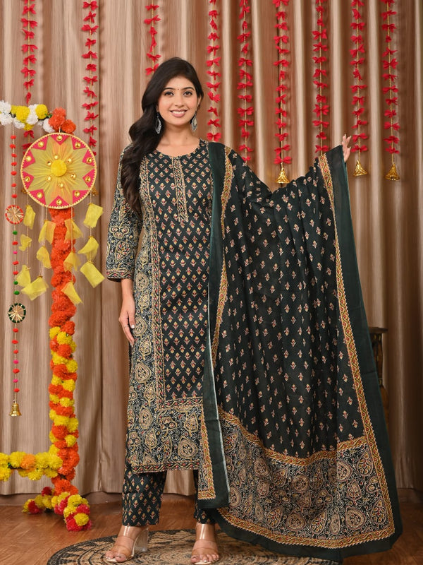 IndoLady Elegant Bottle Green Printed Cotton Suit Set with Handwork & Dupatta