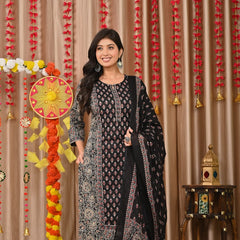 IndoLady Classic Black Handcrafted Cotton Suit Set with Printed Dupatta