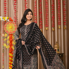 IndoLady Classic Black Handcrafted Cotton Suit Set with Printed Dupatta