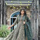 IndoLady Emerald Charm Cotton Flared Anarkali Set with Handwork & Dupatta