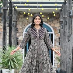 IndoLady Noir Royale Cotton Printed Flared Suit Set with Hand Embellished Detailing