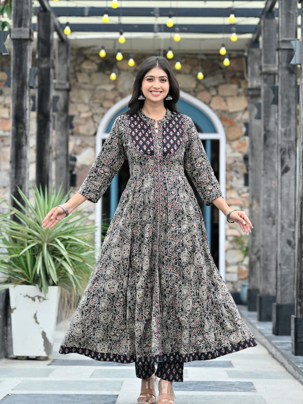 IndoLady Noir Royale Cotton Printed Flared Suit Set with Hand Embellished Detailing