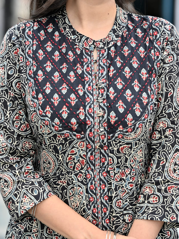 IndoLady Noir Royale Cotton Printed Flared Suit Set with Hand Embellished Detailing