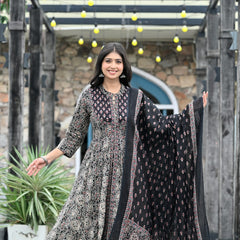 IndoLady Noir Royale Cotton Printed Flared Suit Set with Hand Embellished Detailing