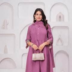 Vintage Mauve Elegance – Pure Mul Chanderi Threadwork Suit