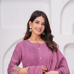 Vintage Mauve Elegance – Pure Mul Chanderi Threadwork Suit