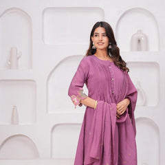Vintage Mauve Elegance – Pure Mul Chanderi Threadwork Suit