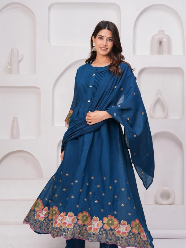 Royal Indigo Charm – Pure Mul Chanderi Embroidered Suit Set