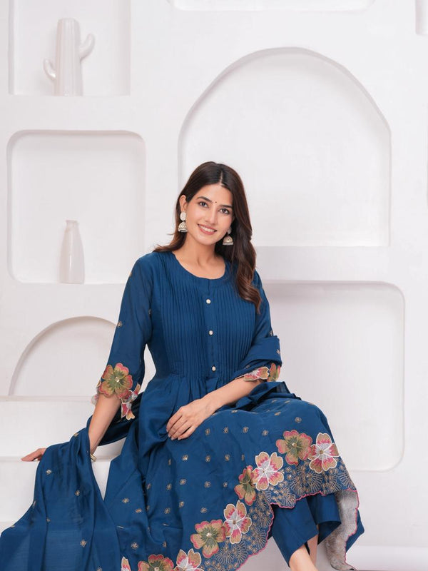 Royal Indigo Charm – Pure Mul Chanderi Embroidered Suit Set