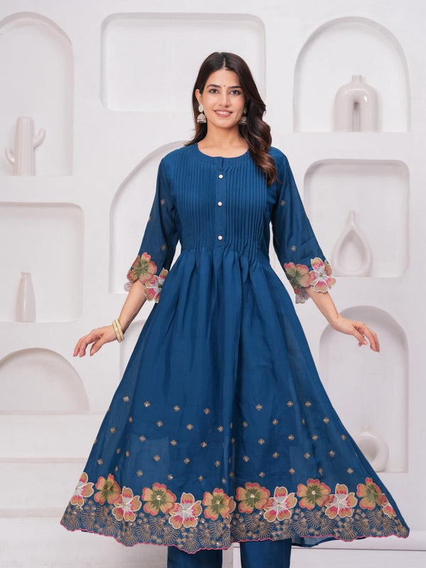 Royal Indigo Charm – Pure Mul Chanderi Embroidered Suit Set