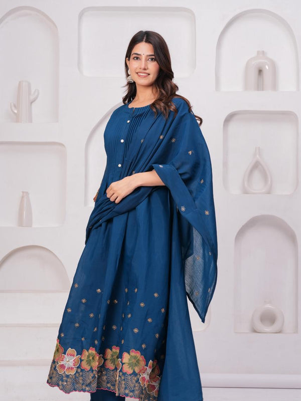 Royal Indigo Charm – Pure Mul Chanderi Embroidered Suit Set