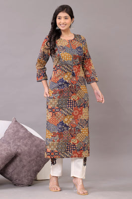 Indolady Boho Mosaic Cotton Kurta Set – Multicolor Patchwork & Embroidery