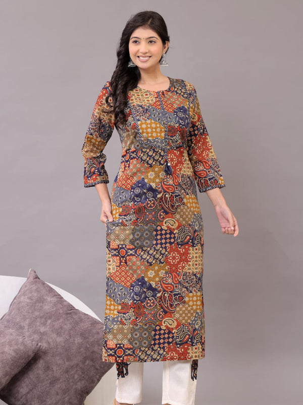 Indolady Boho Mosaic Cotton Kurta Set – Multicolor Patchwork & Embroidery
