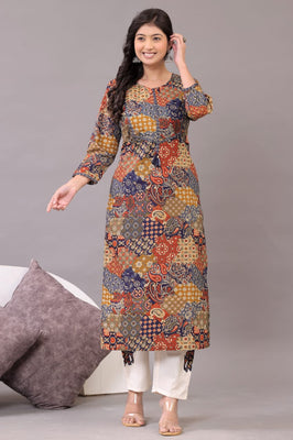 Indolady Boho Mosaic Cotton Kurta Set – Multicolor Patchwork & Embroidery