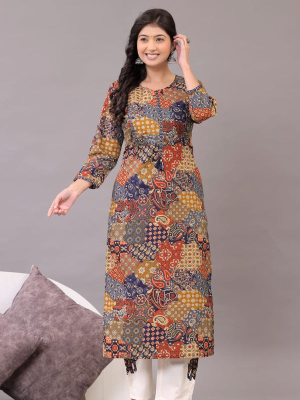 Indolady Boho Mosaic Cotton Kurta Set – Multicolor Patchwork & Embroidery