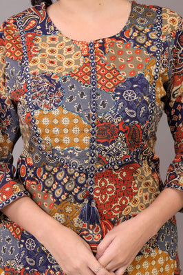 Indolady Boho Mosaic Cotton Kurta Set – Multicolor Patchwork & Embroidery