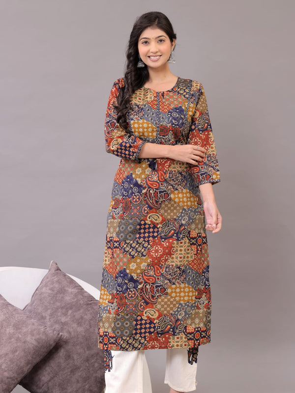 Indolady Boho Mosaic Cotton Kurta Set – Multicolor Patchwork & Embroidery