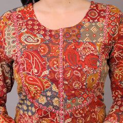 Indolady Rustic Charm Cotton Kurta Set – Red Patchwork & Embroidered Detailing