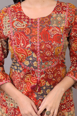 Indolady Rustic Charm Cotton Kurta Set – Red Patchwork & Embroidered Detailing