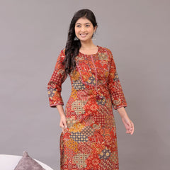 Indolady Rustic Charm Cotton Kurta Set – Red Patchwork & Embroidered Detailing