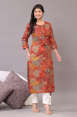 Indolady Rustic Charm Cotton Kurta Set – Red Patchwork & Embroidered Detailing