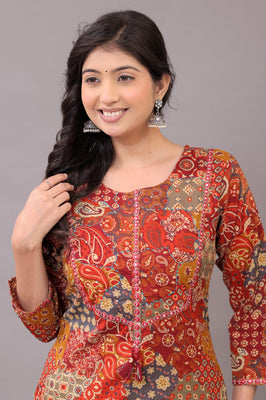 Indolady Rustic Charm Cotton Kurta Set – Red Patchwork & Embroidered Detailing