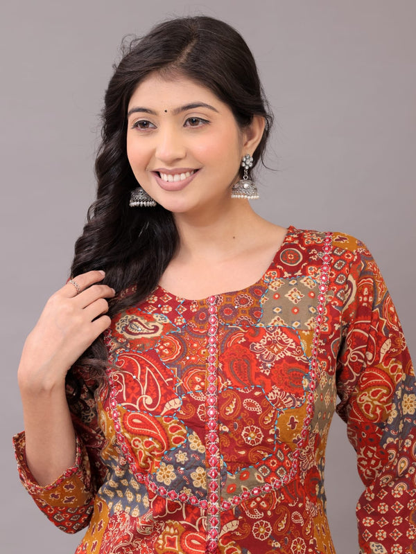 Indolady Rustic Charm Cotton Kurta Set – Red Patchwork & Embroidered Detailing