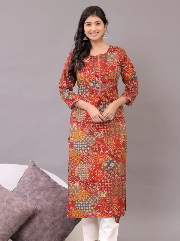 Indolady Rustic Charm Cotton Kurta Set – Red Patchwork & Embroidered Detailing