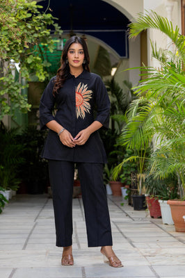 Indolady Midnight Bloom Embroidered Cotton Flex Co-ord Set