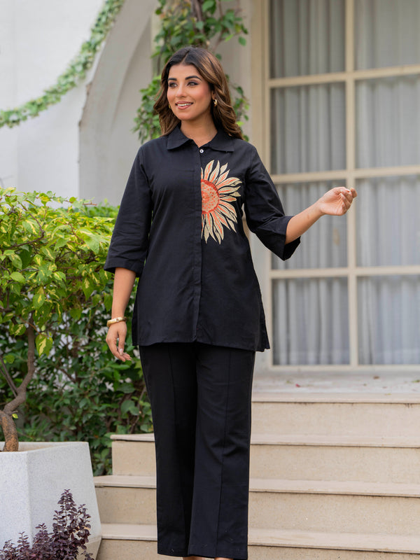 Indolady Midnight Bloom Embroidered Cotton Flex Co-ord Set