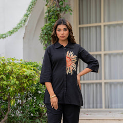 Indolady Midnight Bloom Embroidered Cotton Flex Co-ord Set