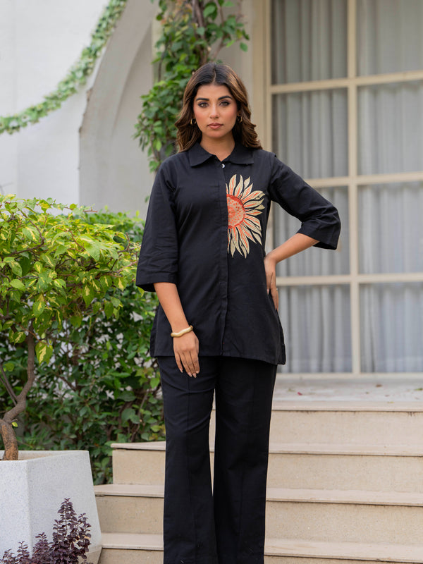 Indolady Midnight Bloom Embroidered Cotton Flex Co-ord Set