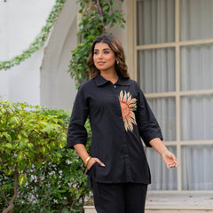 Indolady Midnight Bloom Embroidered Cotton Flex Co-ord Set