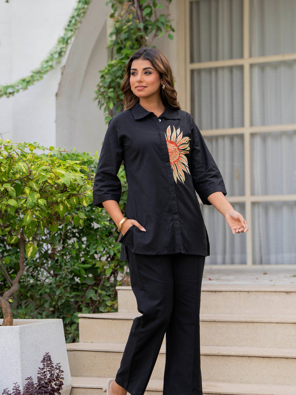 Indolady Midnight Bloom Embroidered Cotton Flex Co-ord Set