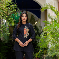 Indolady Midnight Bloom Embroidered Cotton Flex Co-ord Set