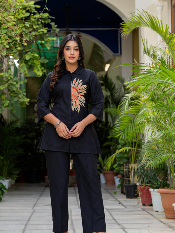 Indolady Midnight Bloom Embroidered Cotton Flex Co-ord Set