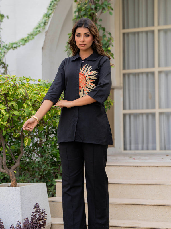 Indolady Midnight Bloom Embroidered Cotton Flex Co-ord Set