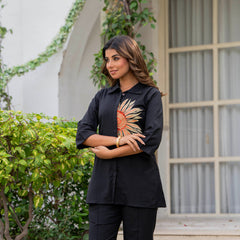 Indolady Midnight Bloom Embroidered Cotton Flex Co-ord Set