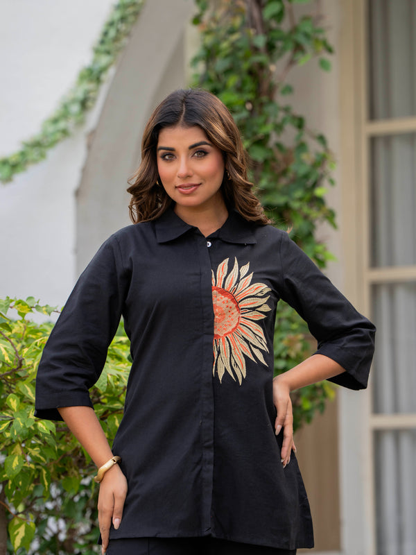 Indolady Midnight Bloom Embroidered Cotton Flex Co-ord Set