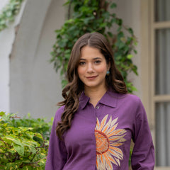 Indolady Violet Radiance Floral Embroidered Cotton Flex Co-ord Set