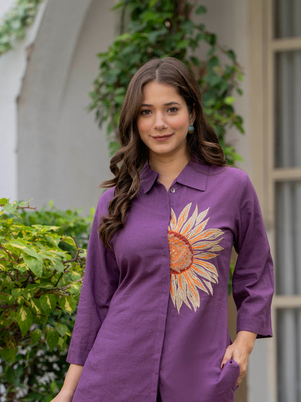 Indolady Violet Radiance Floral Embroidered Cotton Flex Co-ord Set