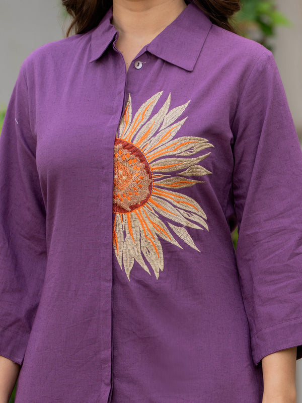 Indolady Violet Radiance Floral Embroidered Cotton Flex Co-ord Set