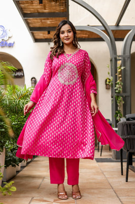 Fuchsia Royale Zari Embroidered A-Line Suit Set