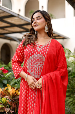 Scarlet Radiance A-Line Cotton Zari Suit Set