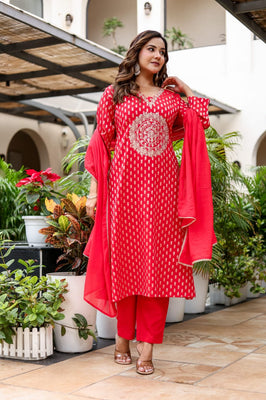 Scarlet Radiance A-Line Cotton Zari Suit Set