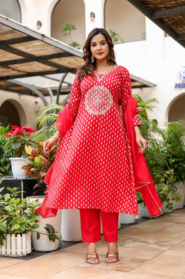 Scarlet Radiance A-Line Cotton Zari Suit Set