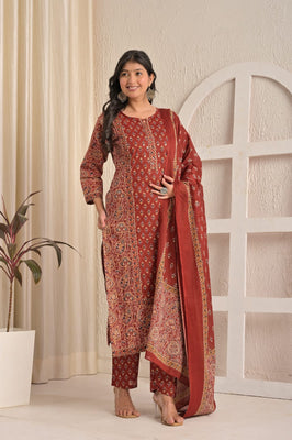 Maroon Majestic Traditional Printed Suit Set By IndoLady