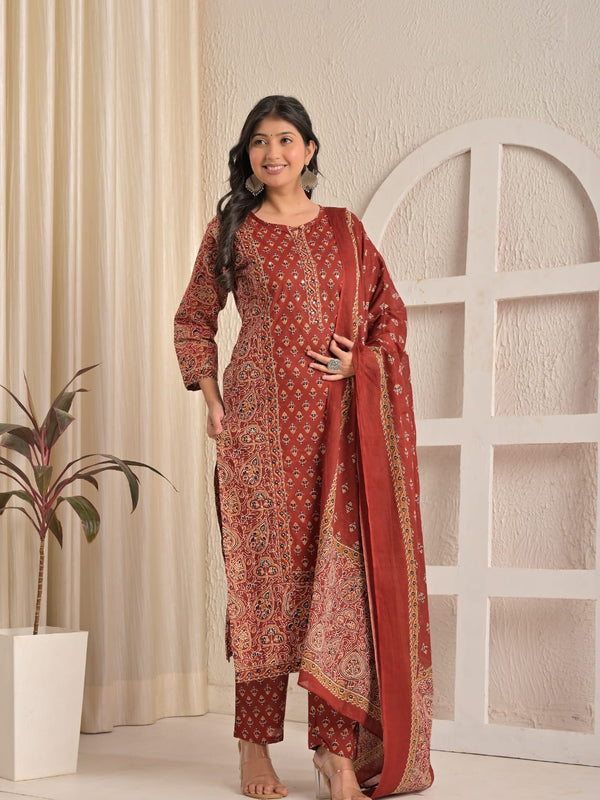 Maroon Majestic Traditional Printed Suit Set By IndoLady